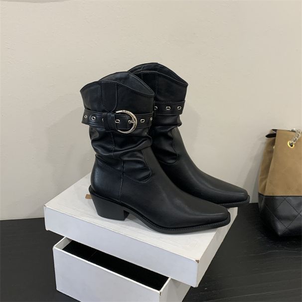 Mitig Kight Poited Toe Chuky Heel Buckle Pleated Stack New Autum/Witer Vitage Wester Cowboy Akle Boots For_vogvips.com