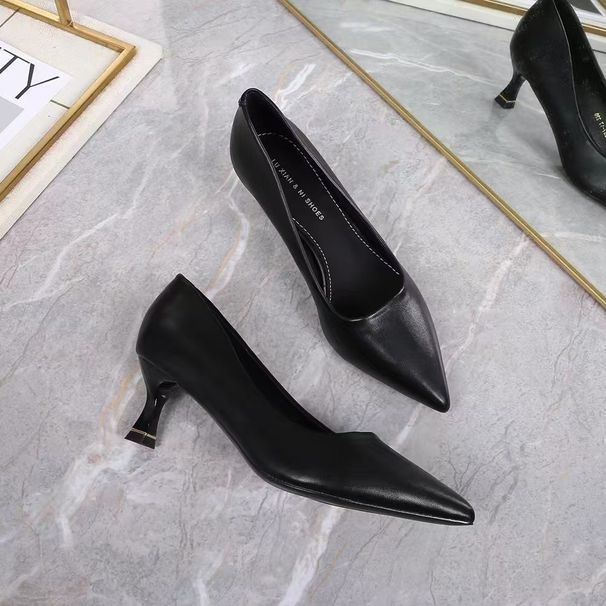High Heel Women Four Seaon New Style Girl Thin Heel Pointed Toe Single Veratile Black Leather Profeional Work_vogvips.com