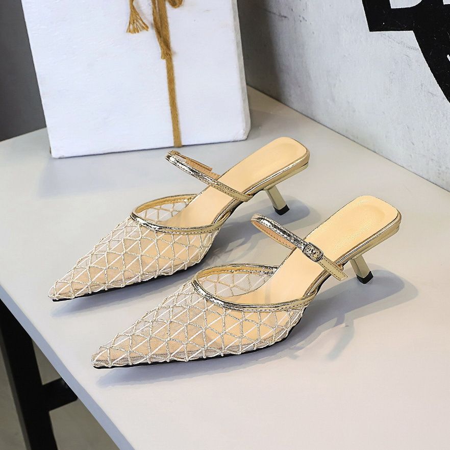 French Mesh Lace Pointed Head Thin Heel Bag Head Half Slippers Women's Outer Wear Hollow Word With Slippers_vogvips.com