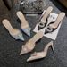 Spring And Summer Pointed Head Round Buckle High Heel Single Shoes Satin Rhinestone Bag Head Thin Heel Cool Slippers Women_vogvips.com
