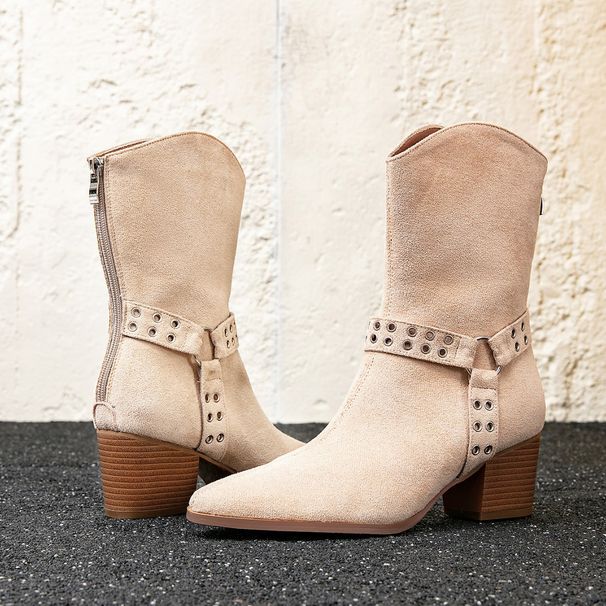 Elegant Pointed Toe Nude Western Boots For Women - Chunky Heel Mid Calf Boots With Back Zipper, Suede Upper & Rubber Sole_vogvips.com