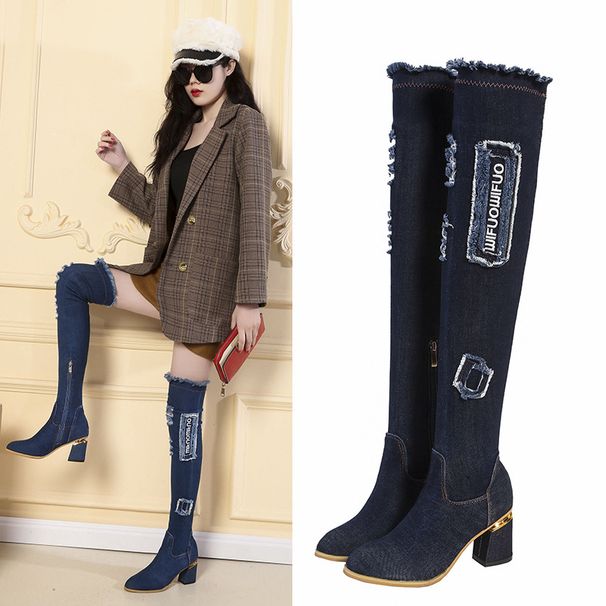 Denim Over-the-Knee Hollow Out Slimming Sexy Chunky Heel Long For Women, High Tube Boots_vogvips.com