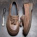 Euro Step Fashion Tassel Men's Handmade Top Layer Cowhide Casual British Loafers Slip-On Driving Shoes_vogvips.com