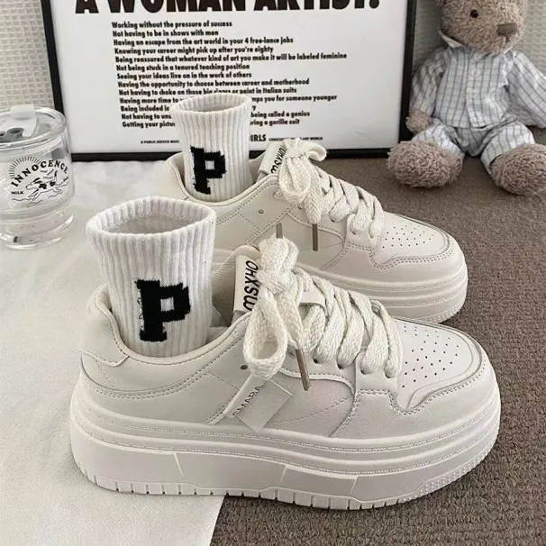 small Thick Shoes Soled White For Women's 2024 New Versatile Ins High Rise Student Casual Sports Trainers Lhshoe_vogvips.com
