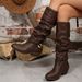 Women's Pleated Retro High Top Boots Metal Buckle Plus Size Slip On Mid Heel Slouch Boots Winter New Style_vogvips.com