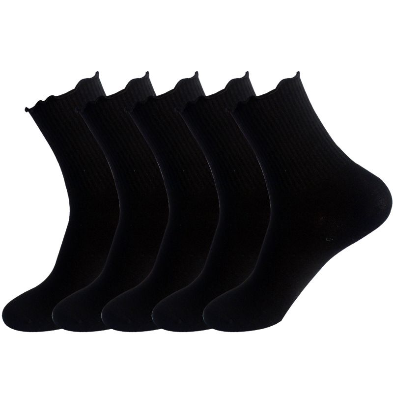 Women's socks Women's lovely pleated ankle socks autumn winter cotton socks with wooden ear lace midtube socks women's solid color_vogvips.com