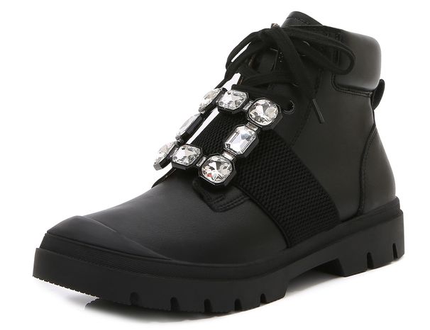 Fashion Diamond Buckle Sports Shoes Lace Up Flat Boots For Women Comfortable Breathable Genuine Leather Mid Cut Boots Patent Leather Fashion Boots_vogvips.com