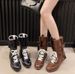 Western Cowgirl Boots For Women – Vintage Matte PU Leather Lace-Up Ankle Boots (Chunky Heel, Comfortable Cotton Lining, Black/Brown)_vogvips.com