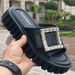 Rhodes New Genuine Leather Square Buckle Rhinestone Buckle Thick Soled Slippers Sandals Versatile Outdoor Beach Casual Shoes_vogvips.com