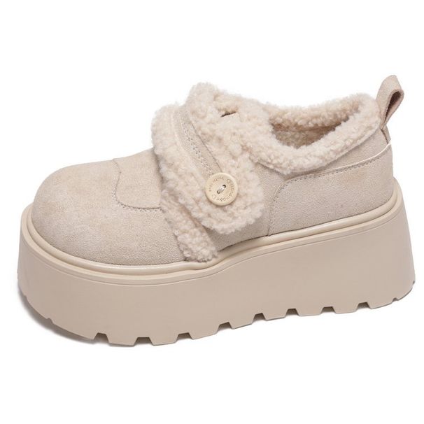 Thick Soled Cotton Shoes With Plush Sponge Cake For Women In Winter, Vintage Warm Fur Shoes For Outdoor Wear_vogvips.com