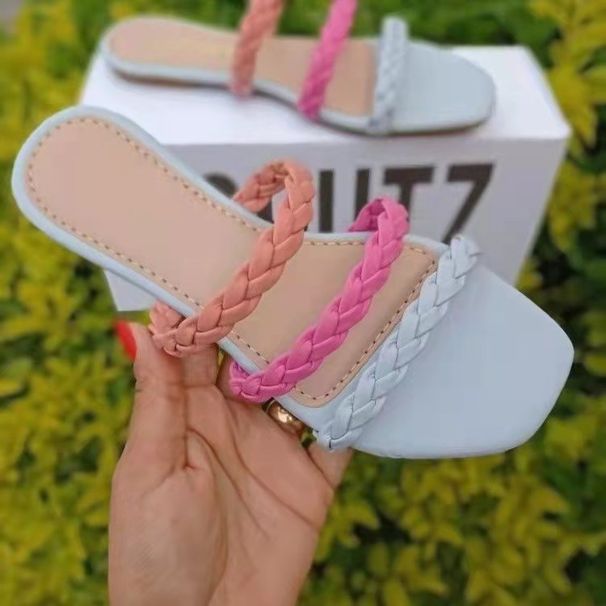 Women’s Shoes Rhinestones Square Toe Flat Bottom Simple Color Matching Beach Slippers Large Size Sandals_vogvips.com