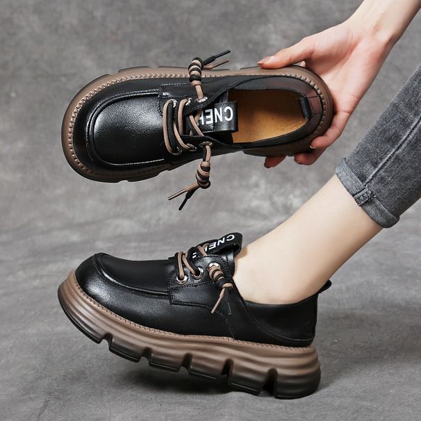 In-stock British-style Thick-soled Lace-up Soft Leather Versatile Casual Loafers 2025 Summer New Women's Shoes_vogvips.com