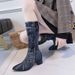 2023 New Over-the-Knee Boots With Chunky Heels, Turn-Up Cuffs, Pointed Toe, Mid-Heel, Side Zipper, Denim Patchwork_vogvips.com