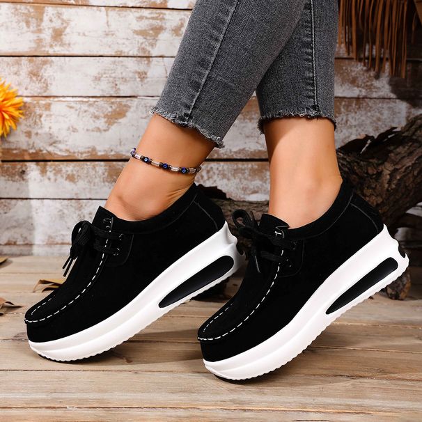 Autumn New Fashion Round Head Lace-up Solid Color Womens Loafers Casual Leather Women's Thick Soled Shoes_vogvips.com