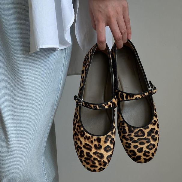 Super Leopard Print Mary Jane Single Shoe Women's 2025 Summer New French Button Soft Sole Ballet Flat Scoop Shoes_vogvips.com