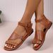 Women's Open Toe Flat Adjustable Ankle Buckle Strap Casual Summer Beach Walking Shoes Retro Brown Leather Look Sandals P_vogvips.com
