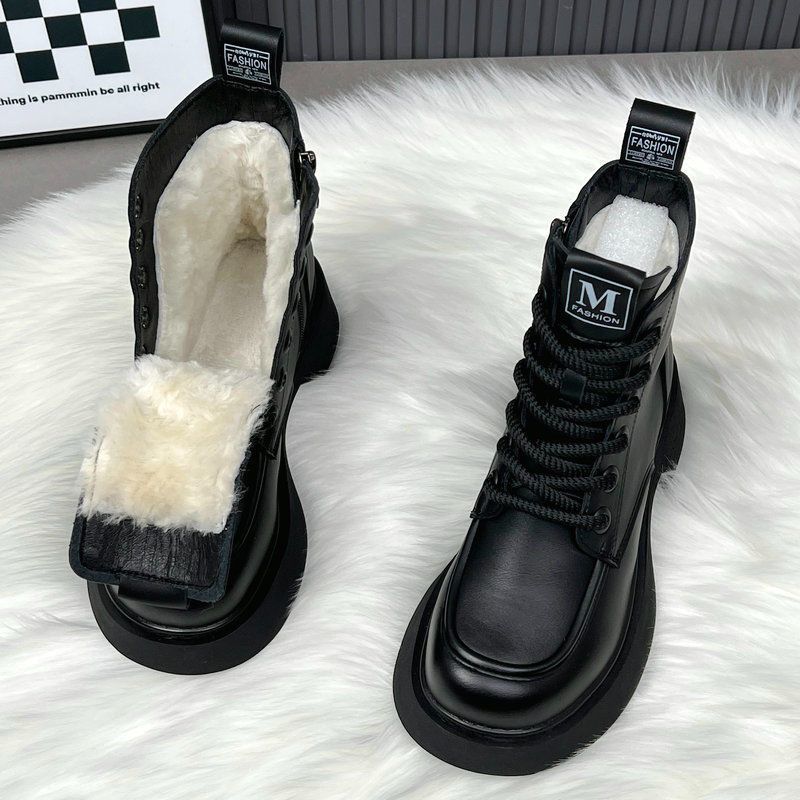 Real Soft Leather Wool Snow Boots Women's One Piece Short Boots Martin Boots Winter Warm Thick Bottom Non Slip Cotton Shoes_vogvips.com
