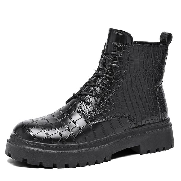 Men's Retro Chunky Sole Side-Zip Ankle Boots - Fashionable PU Leather Lace-Up Height Increasing Casual Boots_vogvips.com
