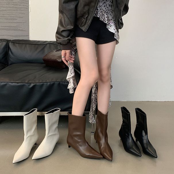Fashion Pointed Toe Ankle Simple Elegant Slip-On Solid Color Versatile Low Heel Soft Leather Boots_vogvips.com