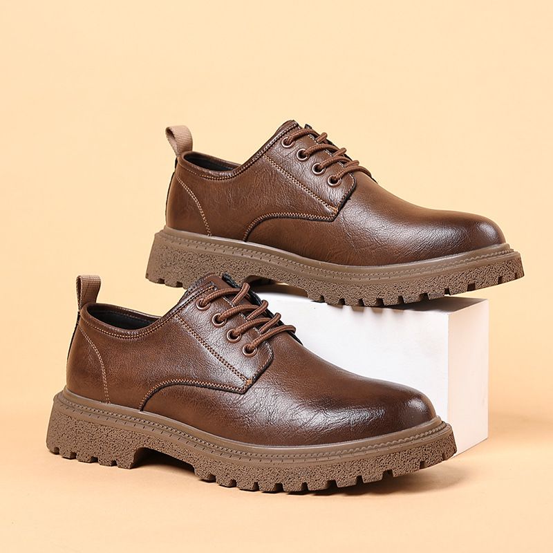 Euro Step Men's Leather 2025 New Low-top Lace-up British Style Business Casual Round Toe Thick Sole Height-increasing Work Shoes_vogvips.com
