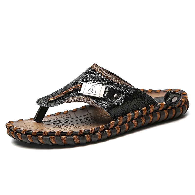 Genuine Leather Mens Summer Handmade Breathable Outdoor Beach Slipper High Quality Casual Leisure Slippers Flip-Flops_vogvips.com
