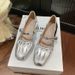 French Silver Pleated Middle Heel Mary Jane Shoes Women's One-word Buckle With Soft Leather Light Mouth Thick Heel High Heels_vogvips.com