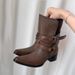 Cowhide Version ~ Niche Belt Buckle Short Pointed Toe Slip-On Comfortable Chunky Heel Slimming Wide Shaft Western Boots_vogvips.com