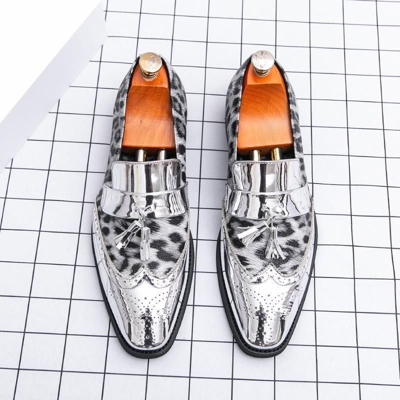 Large Size 46 Tassel Leopard Print Patent Slip-On Casual Leather For Hairstylists Men's Shoes_vogvips.com
