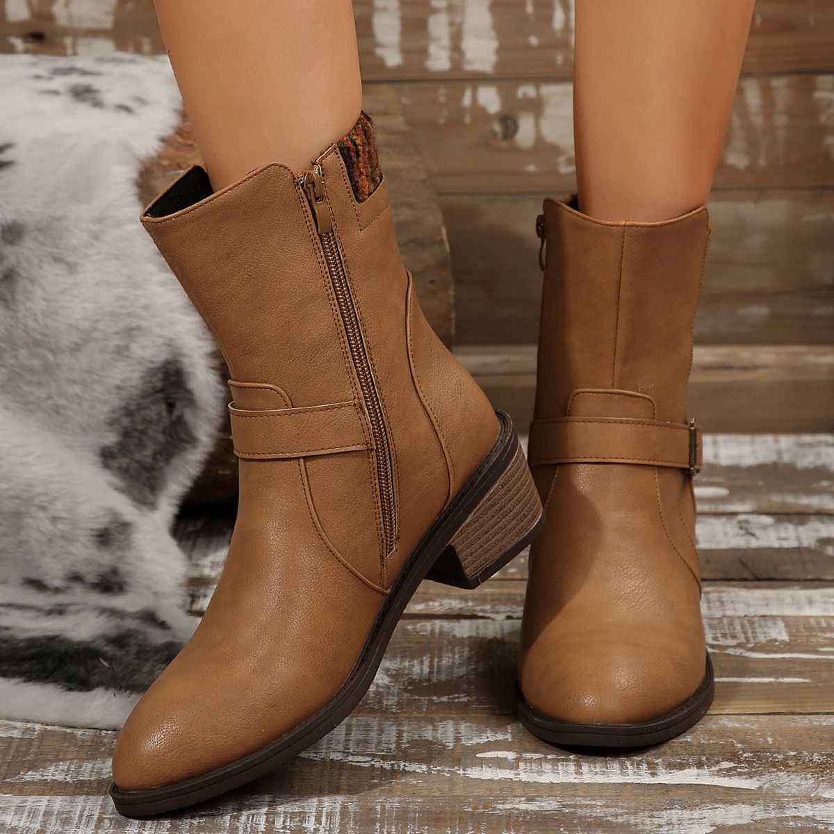 Plus Size Fashion Boots For Women Chunky Heel Pointed Toe Mid-Calf Autumn Export Ankle Boots_vogvips.com