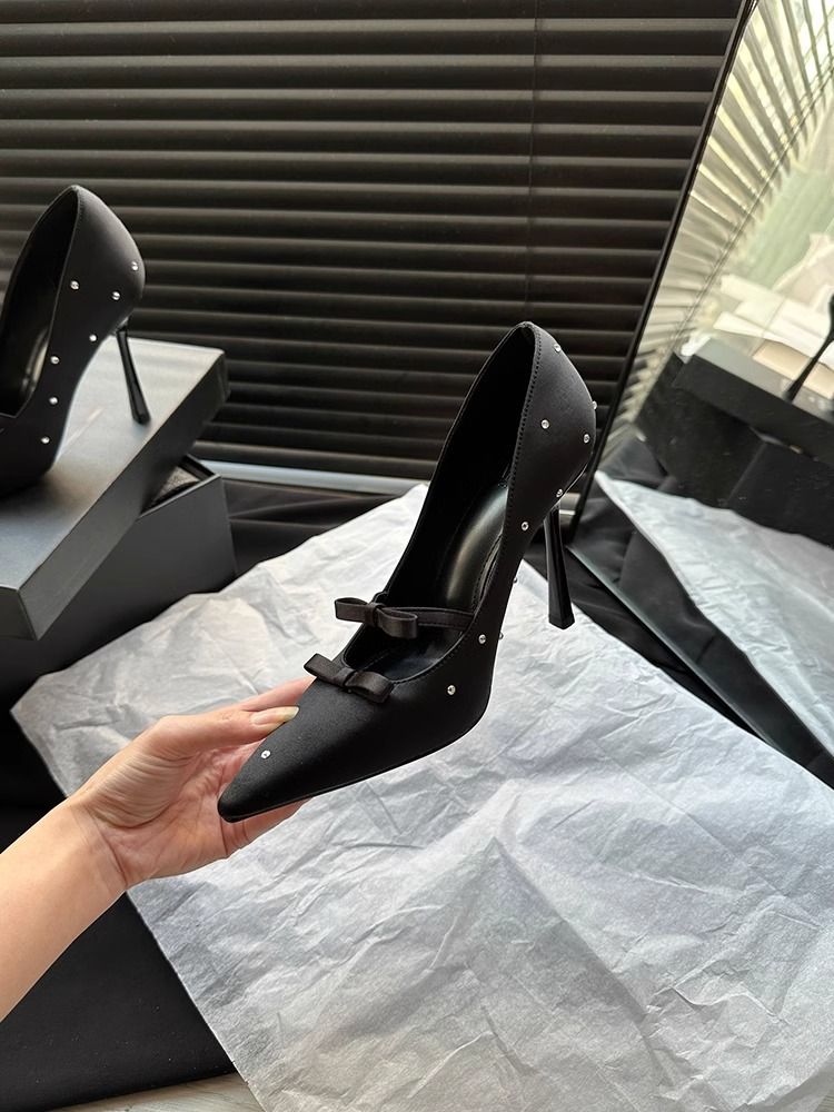 Bow Polka Dot Elegant High Heels Women's Socialite Sexy Stiletto Heel Pointed Rhinestone Single Shoes For Women_vogvips.com