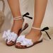 Elegant Pearl Chain Ankle Strap Women Summer 2026 Sweet Lace Up Bowknot Flat Heel Sandals Woman's Designer Beach Shoes_vogvips.com