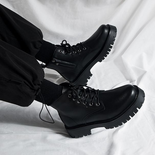 European Warm Series Side Zipper Martin Men British Style Genuine Leather Black Workwear Motorcycle Winter Height Increasing High Top Short_vogvips.com