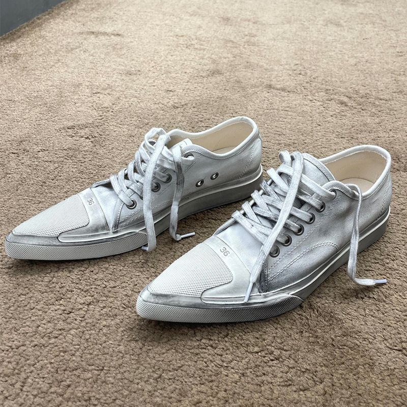 Designer Vintage-style Canvas Sneakers For Women, Pointed Toe,flat Sole,dirty Look, Thick Sole, Casual, Platform, Fashionable, Casual, Athletic Shoes_vogvips.com