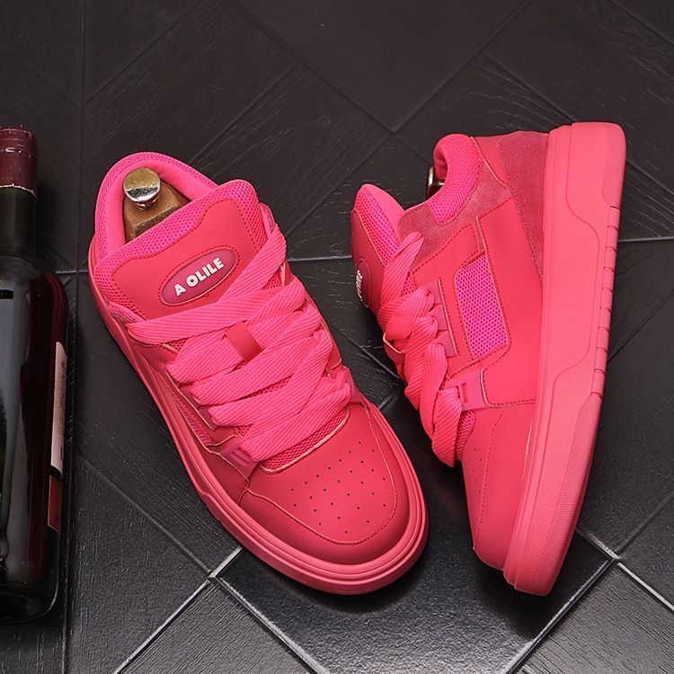Bright Pink Chunky Platform Sneakers Shock Absorption Wide Laces Suede And Mesh Panels Casual Streetwear Footwear_vogvips.com