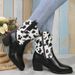 Foreign Trade Plus Size V-Neck Cow Color Block Square Heel Fashion 2024 Autumn Winter Cross-Border Hot-Selling Mid-Calf_vogvips.com