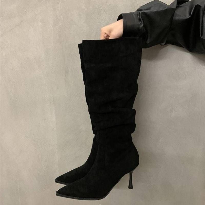 Women's Pointed-Toe Stacked Knee Boots - Slimming Khaki Riding Boots With 8cm Stiletto Heel | Vintage Chic & All-Day Comfort_vogvips.com