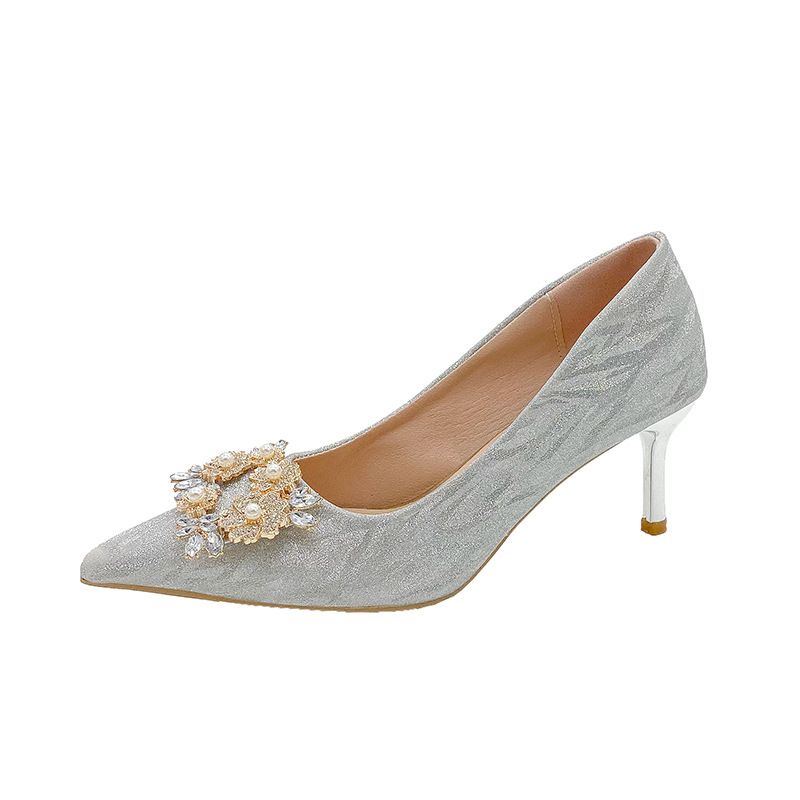 French-style Pearl Rhinestone Square Buckle Shoes, Both Traditional Chinese Dresses Wedding Gowns, High-heeled Shoes_vogvips.com