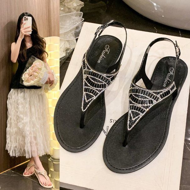 Outside Wear Niche Fashion High-end Design Roman Sandals Women's 2025 Summer New Rhinestone Flat Toe With Skirt_vogvips.com