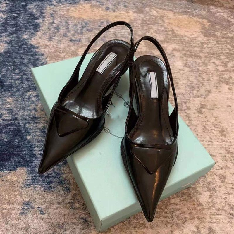 Anchor Letter Triangle Logo Heel Pointed Women's Stiletto Sandals Open Back Closed Toe High Heels_vogvips.com