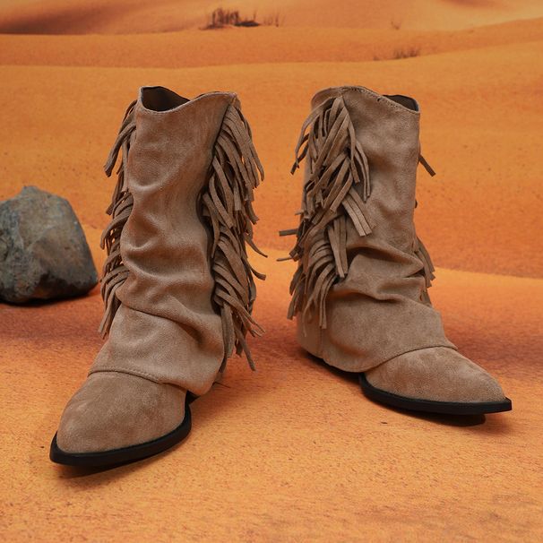 Retro Plus Size Suede Pointed Toe Fashion Boots For Women Tassel Wedge Heel Pleated Slouch Short Western Autumn_vogvips.com