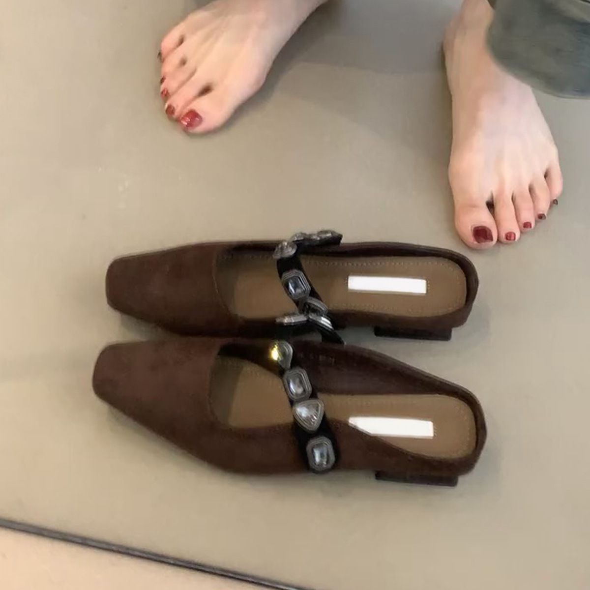 Sheepskin Version Temperament Half Slippers For Women With Rhinestones, One Strap Versatile Square Toe Low Heeled Single Shoes_vogvips.com