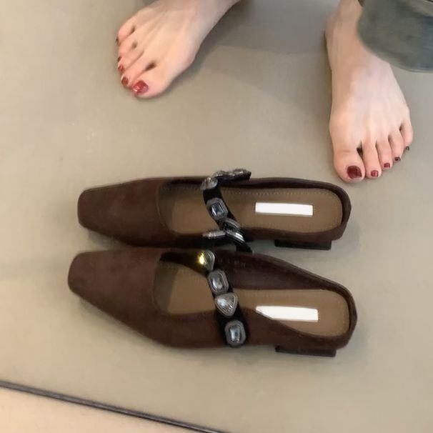 Sheepskin Version Temperament Half Slippers For Women With Rhinestones, One Strap Versatile Square Toe Low Heeled Single Shoes_vogvips.com