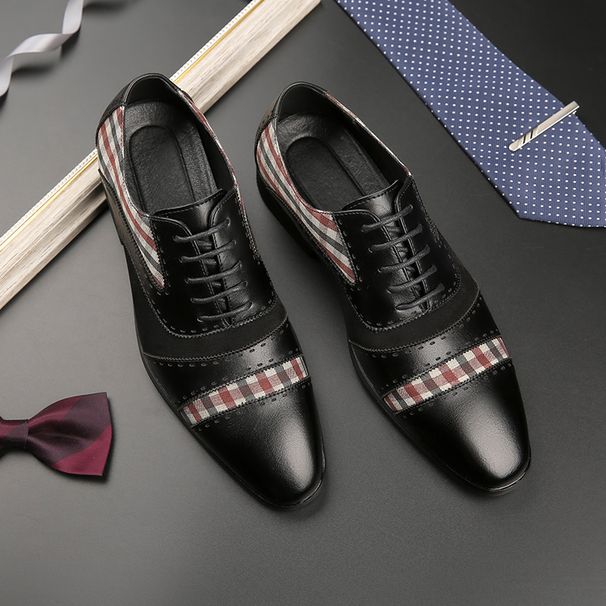 New Black And White Color-block Carved Brick Men's Shoes For Men's Business Leather British Derby Shoes Pointed Toe Banquet Wedding Leather Shoes_vogvips.com