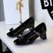 Women's Elegant Bow-Trimmed Patent Leather Mary Jane Pumps With Chunky Heel And Adjustable Buckle Strap - Perfect For Parties, Work & Daily Wear_vogvips.com