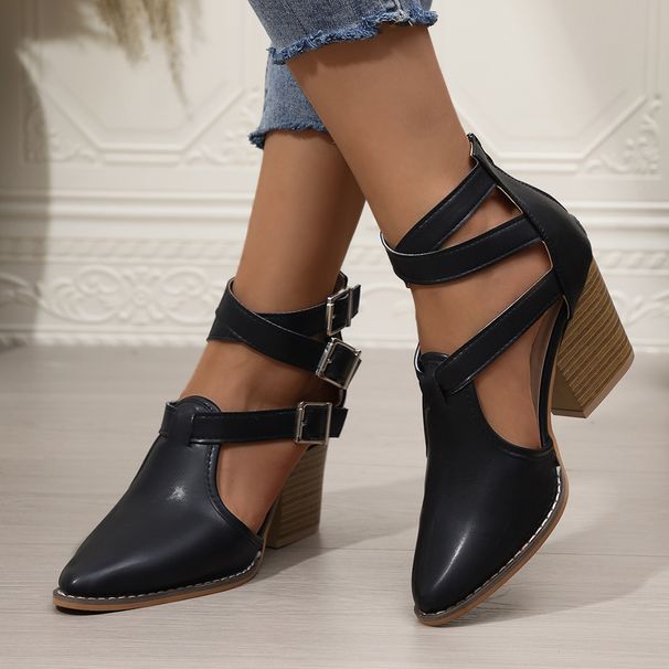 Women’s Shoes Rhinestones Large Size Fashion High Heel Sandals Thick Heel Pointed Toe Retro Belt Buckle Hollow Single Shoes_vogvips.com