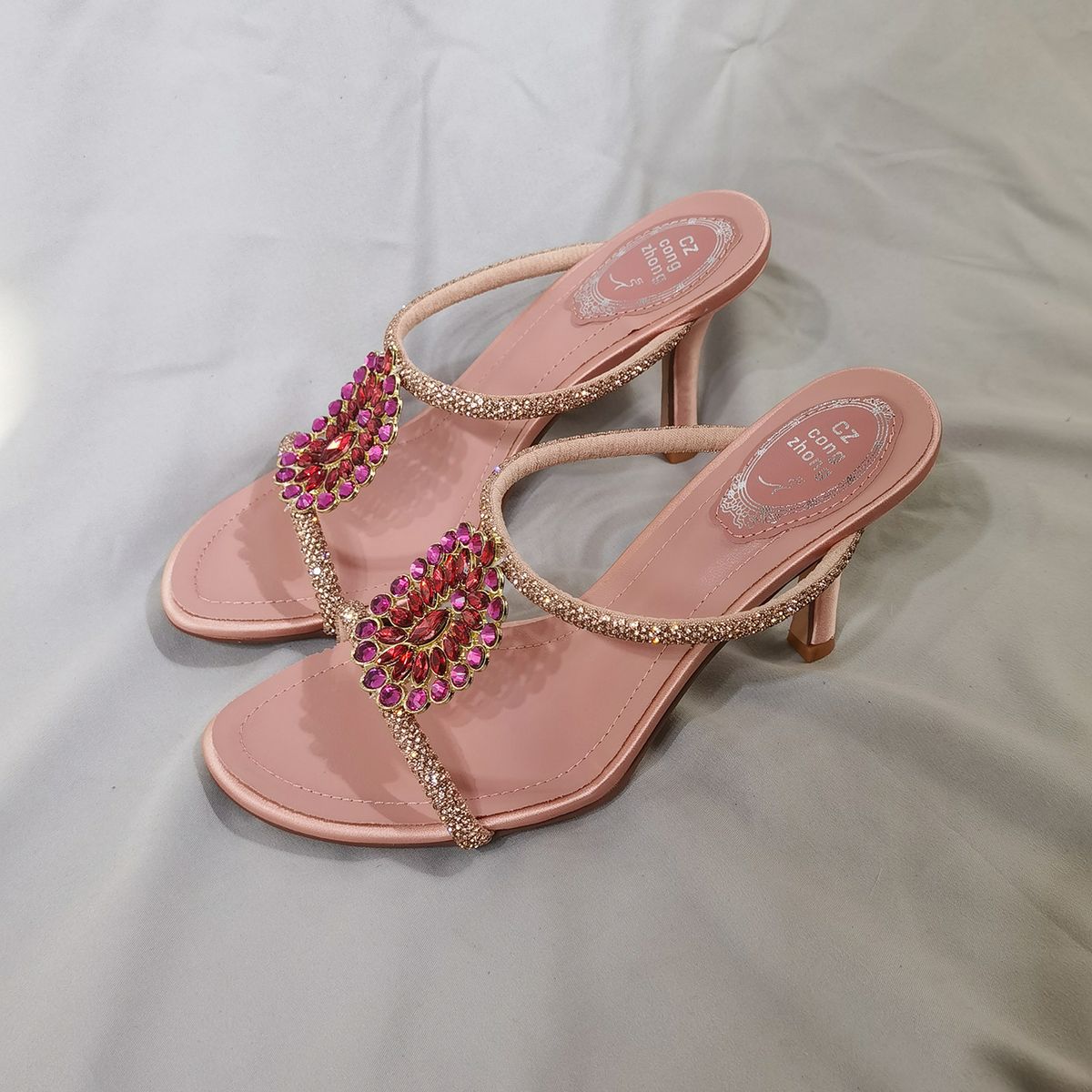 Pink Sandals For Women 2025 New Rhinestone Gemstone Thin High Heels One Strap Slippers Light Luxury_vogvips.com