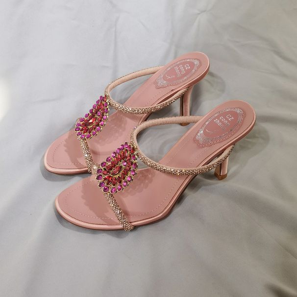 Pink Sandals For Women 2025 New Rhinestone Gemstone Thin High Heels One Strap Slippers Light Luxury_vogvips.com