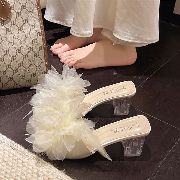 Feather Floral Slip-on For Women, 2026 Summer Comfortable Crystal Chunky High-heeled Shoes, Versatile And Lightweight_vogvips.com