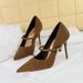 9116-3 Korean Fahion Banquet High Women' Slim Heel Shallow Mouth Corduroy Spliced Pointed One Piece Strap Single_vogvips.com