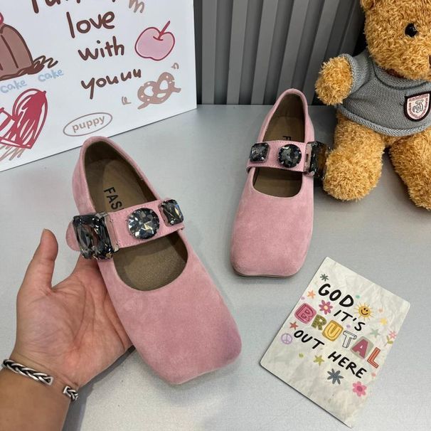French Matte Mary Jane Women's Singles For Spring And Summer 2025, Square Toe Magic Sticker Rhinestone Fashionable_vogvips.com